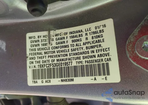 2016 Honda Civic Lx из США, поврежденный, VIN 19XFC2F53GE019577